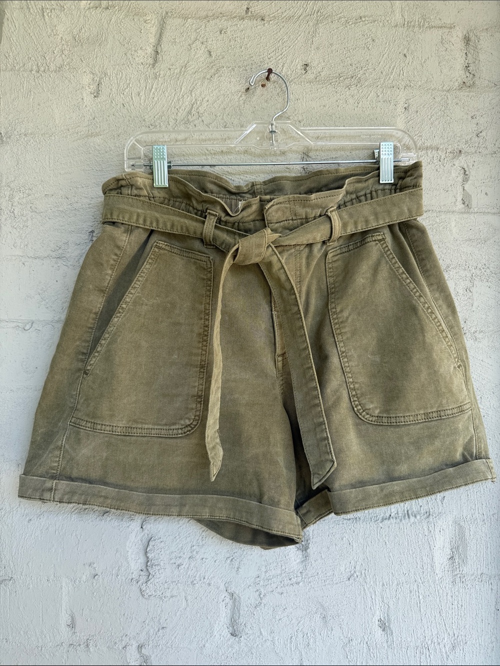 LOFT Olive Denim Paperbag Waist Belted Mom Shorts Size Medium